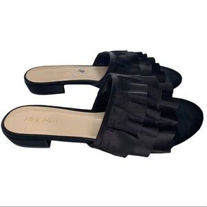 NINE WEST Black Satin Ruffle Prom Cocktail Slides Size 8.5 Medium